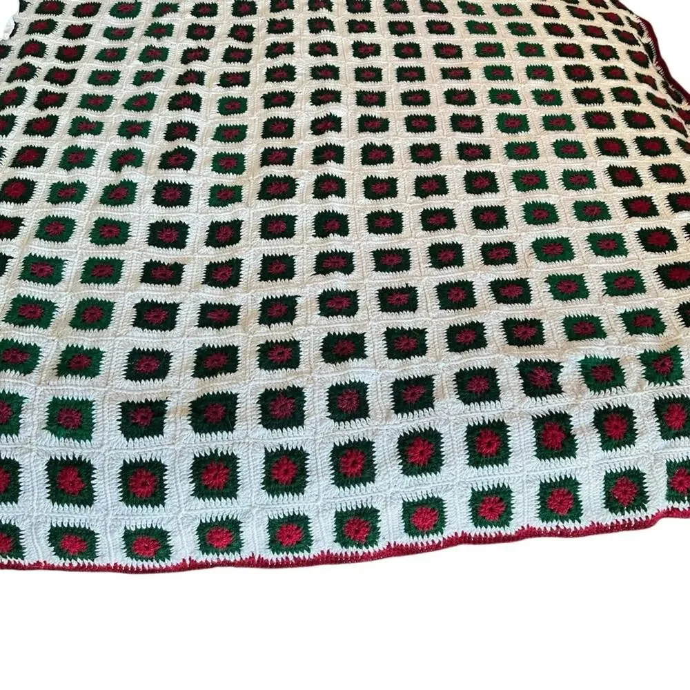 VTG Handmade Crochet Granny Square Blanket Afghan Throw LG Green White 72 X 68